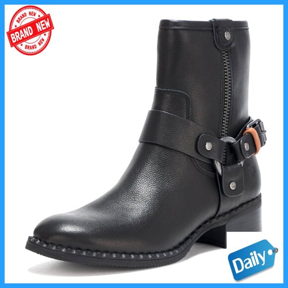 Leather Ankle Booties Harness Detail Zip Closure Comfort Insole Chic Minimal